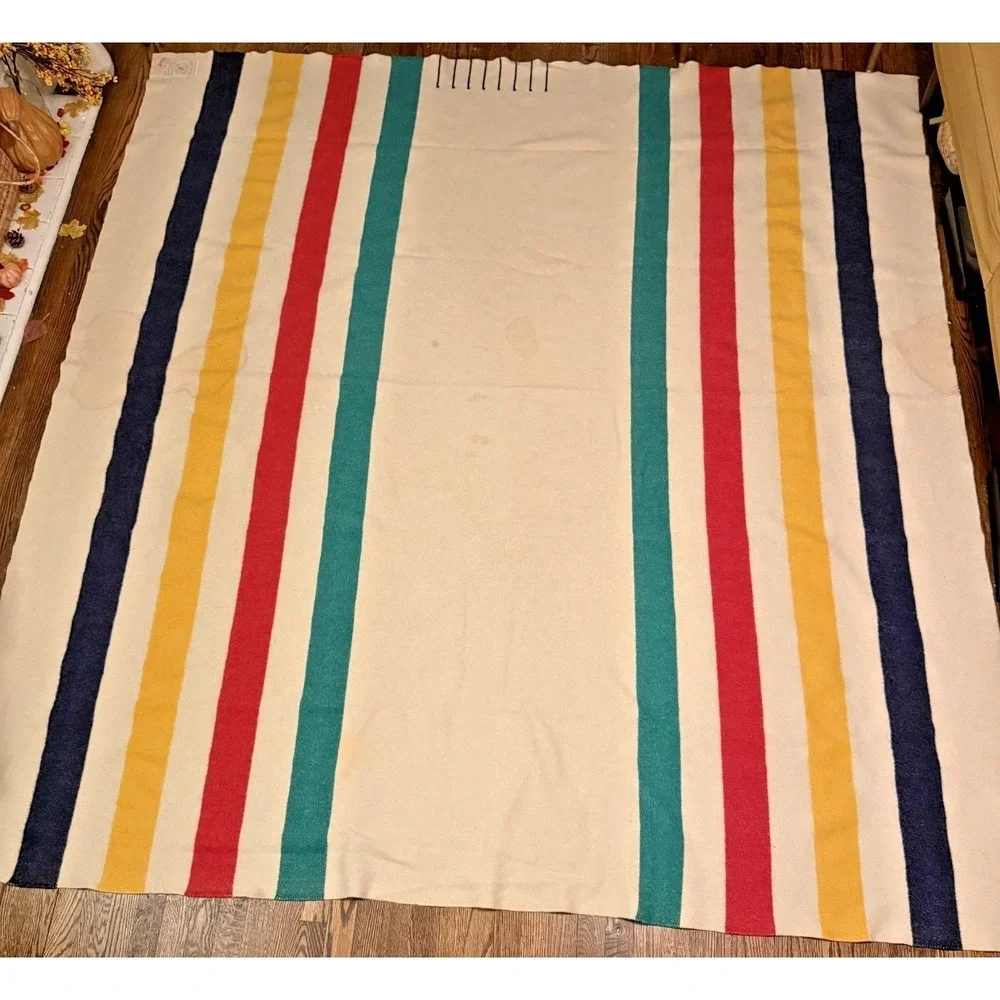 Vintage Hudson Bay 8 Point Wool Blanket Gold Tag King Striped 97